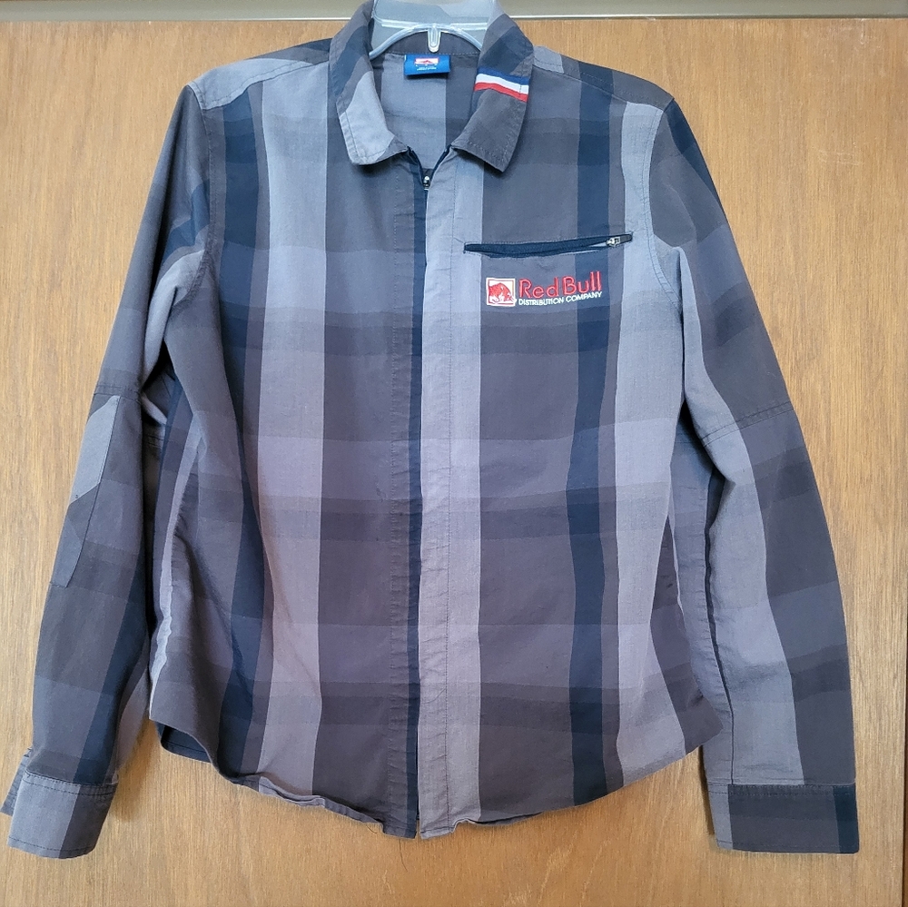 Men's Red Bull Black and Gray Plaid Casual Shirt, L